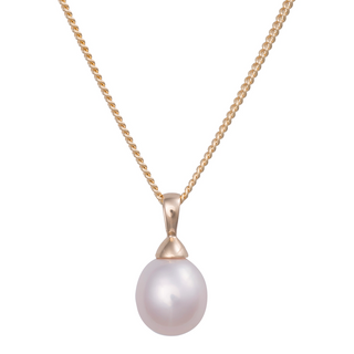 14 kt. rødguldsvedhæng m. 9mm hvid ferskvandsperle inkl. kæde