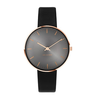 Arne Jacobsen City Hall dameur 34 mm med rosaguld PVD urkasse, mat grå urskive og sort læderrem model 53217-1601R