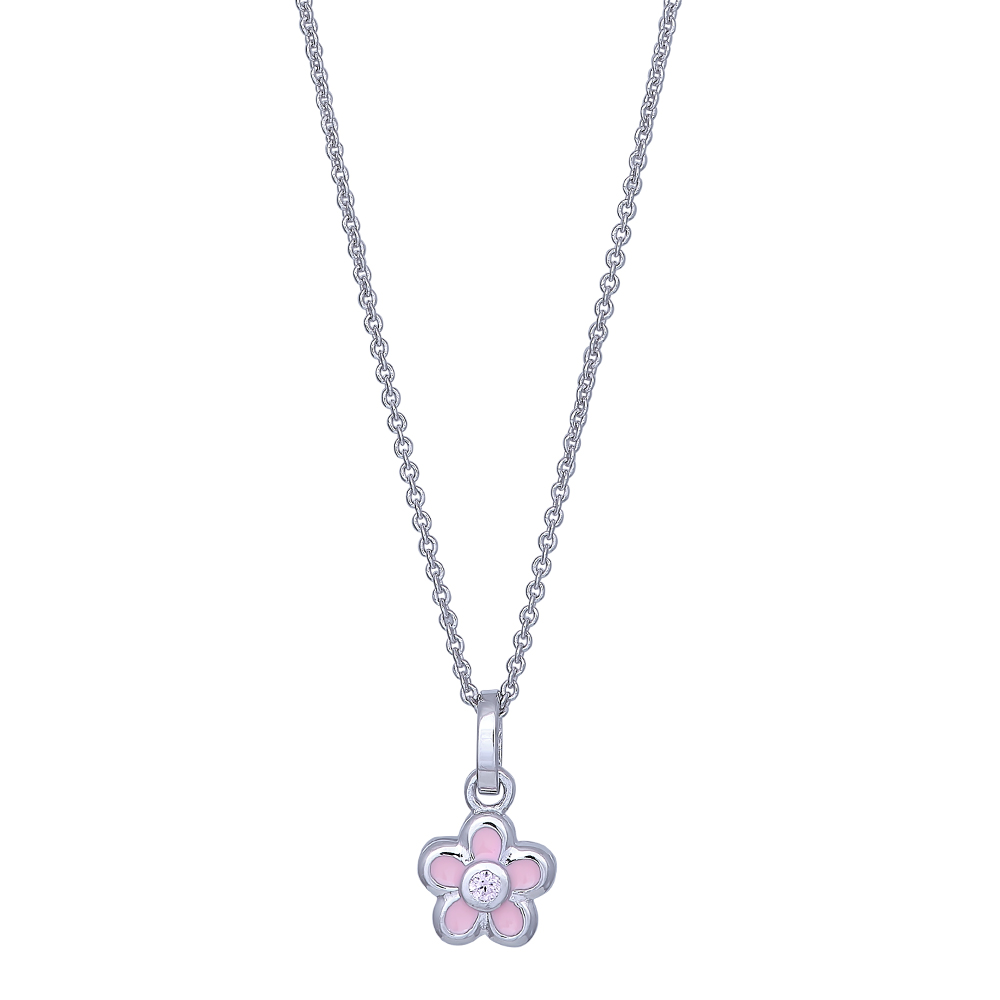 Rhod. Sølv blomst lyserød emalje + cz kæde 38cm