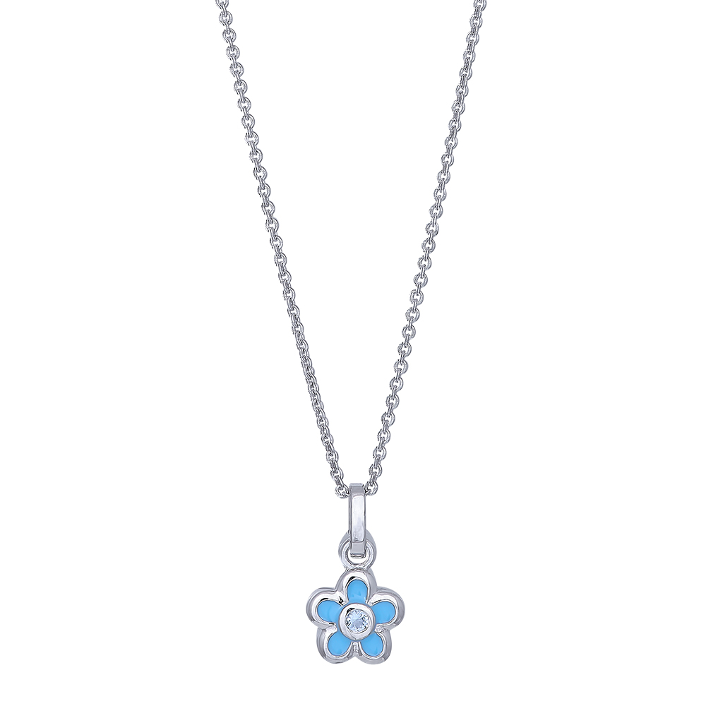 Rhod. Sølv blomst lyseblå emalje + cz kæde 38cm