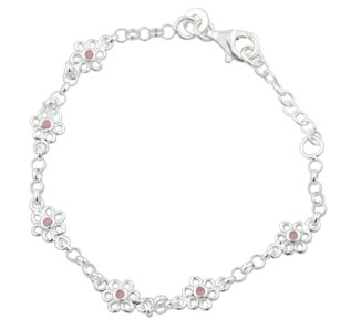 Rhod. sølvarmbånd m/6 blomster m/lyserød emalje