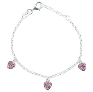 Rhod. sølvarmbånd m/3 hjerter m/pink cz