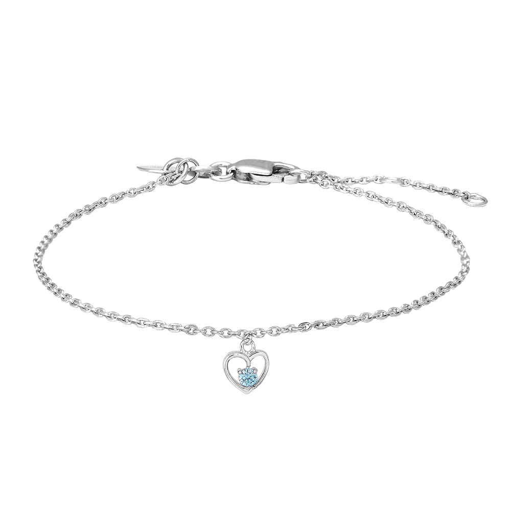 Rhod. sølvarmbånd hjerte m/lyseblå cz