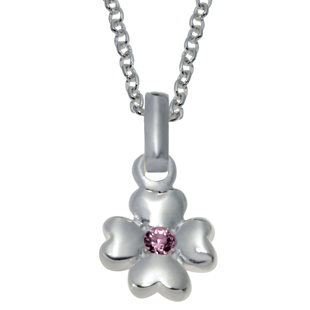 Rhod. sølvvedhæng blomst m/lyserød cz inkl. kæde