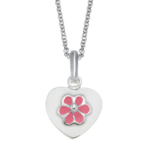 Rhod. sølvvedhæng hjerte m/lyserød blomst inkl. K