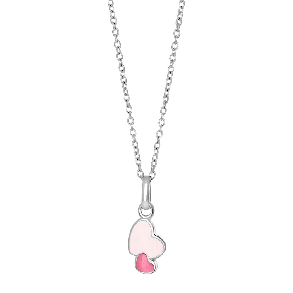 Rhod. sølvvedhæng hjerter m/pink emalje inkl. Kæd