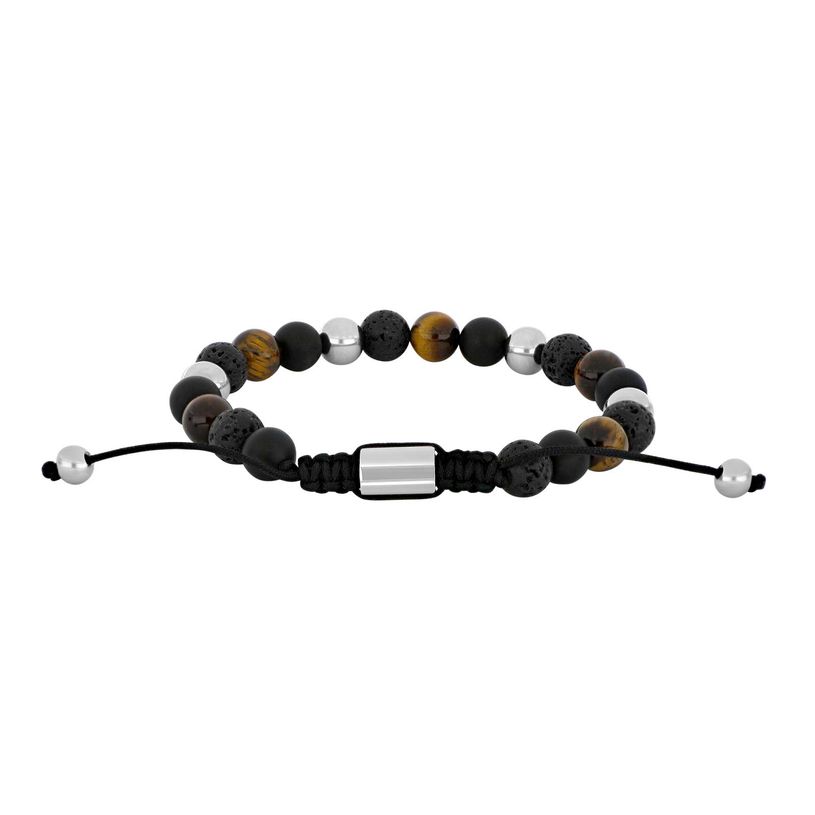 SON armbånd sort agate/lava/tigerøje og stål