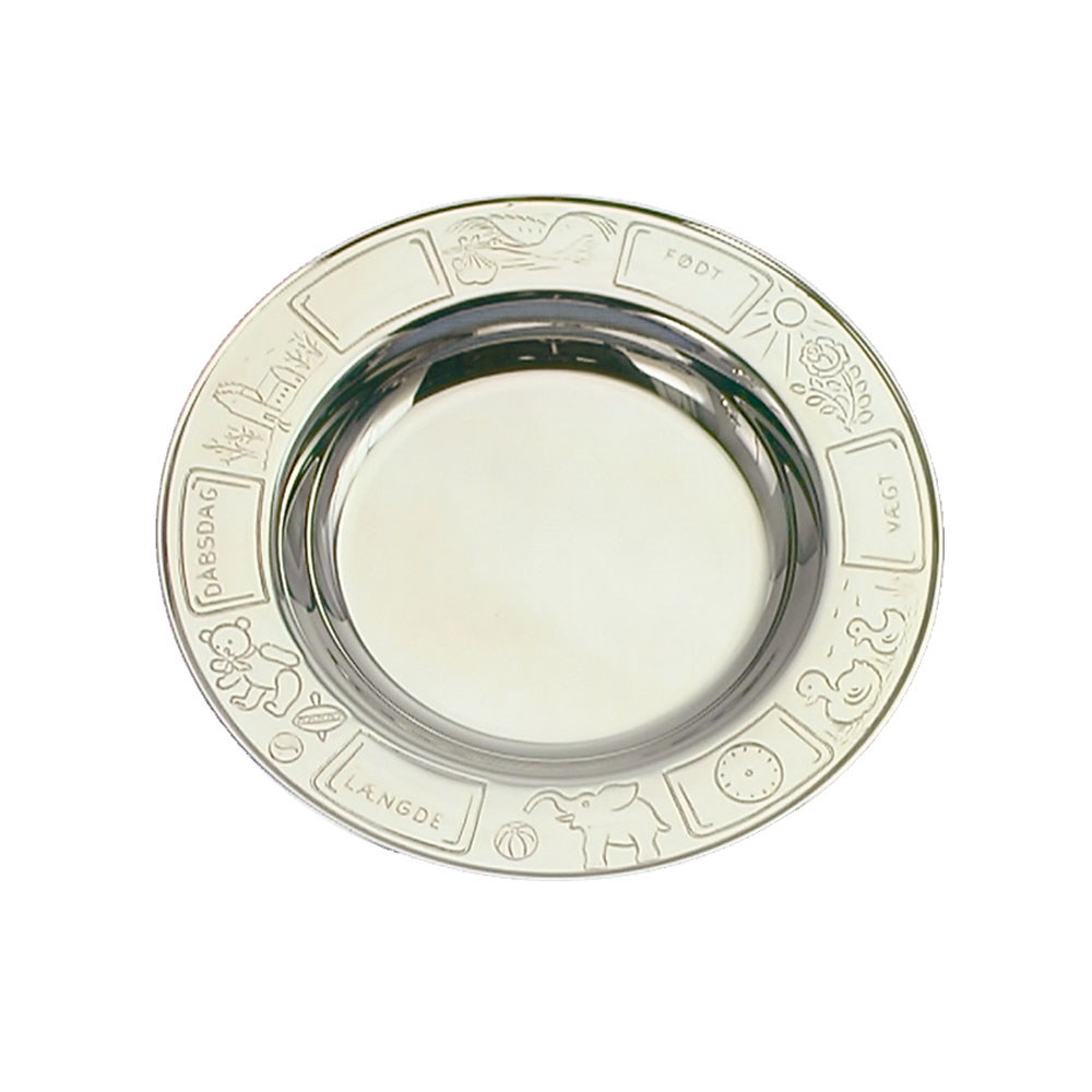 Rustfri stål tallerken m. dåbsmotiver