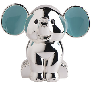 Forkromet sparebøsse elefant m. blå ører