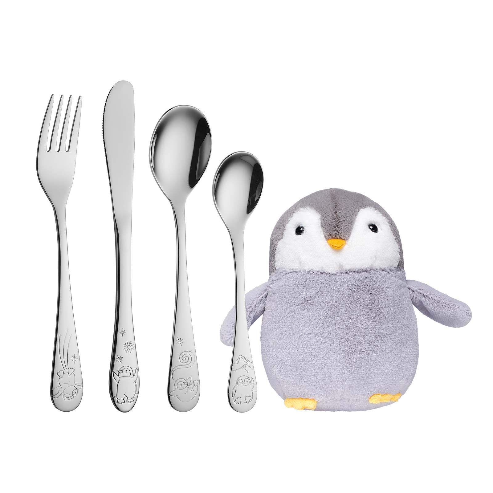 Rustfrit stål bestik m. pingvin inkl. bamse