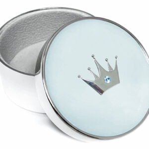 Forkromet smykkeskrin m. krone/lyseblå