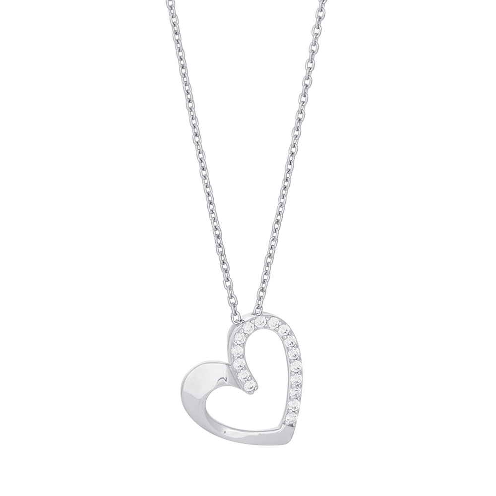 Rhod. sølv vedhæng hjerte m. cz 15mm inkl. kæde