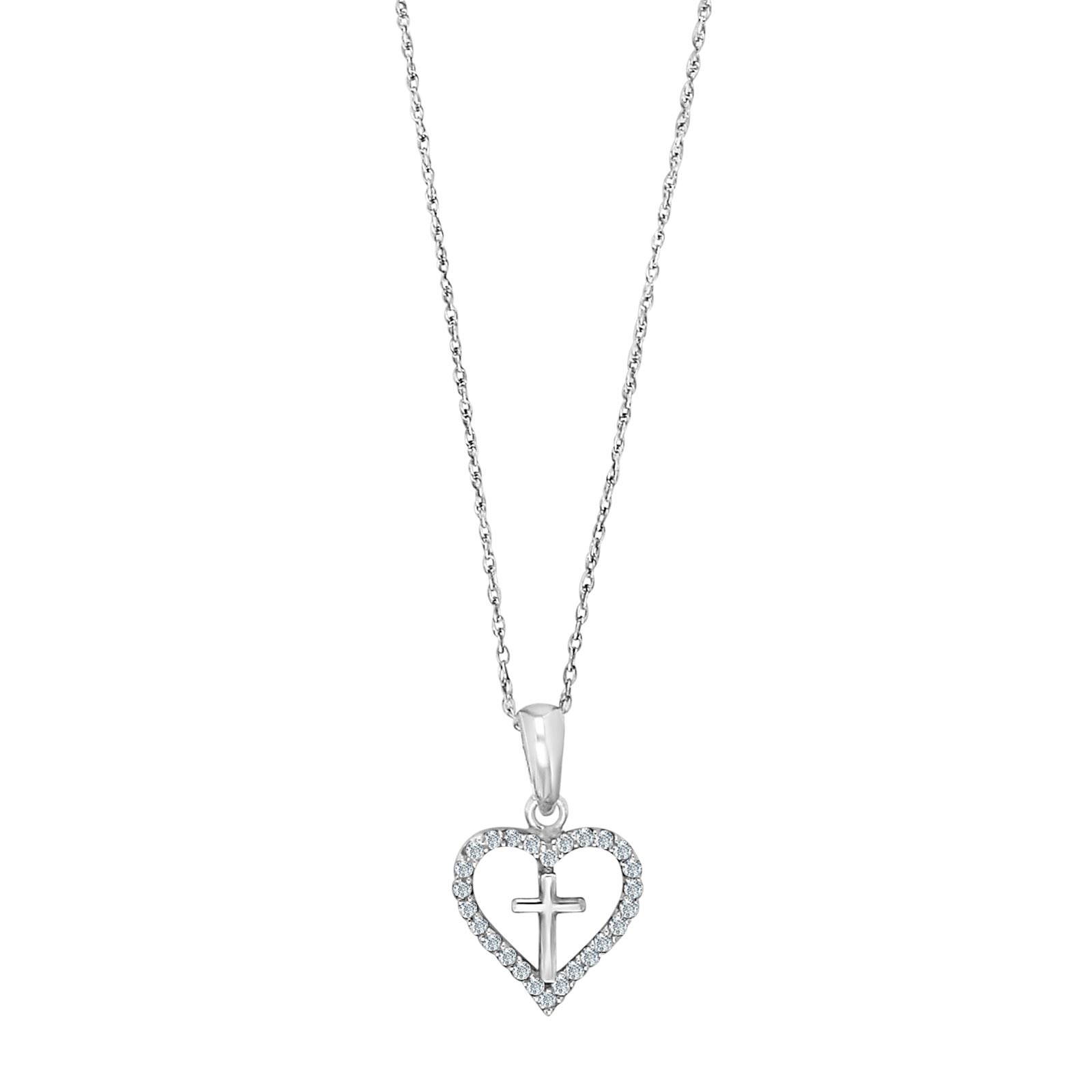 Rhod. sølvvedhæng hjerte m/kors og cz inkl. Kæde