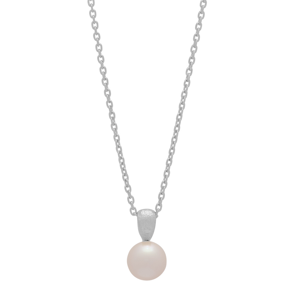 Rhod. sølvvedhæng mat m/ferskvandsperle inkl. kæde