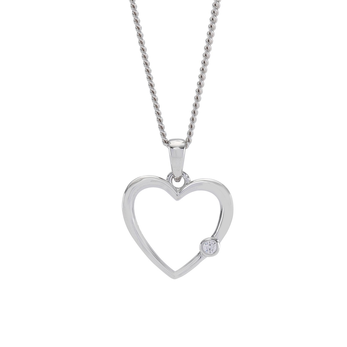 Rhd. sølv vedhæng hjerte 16mm med 1 cz. inkl. kæde