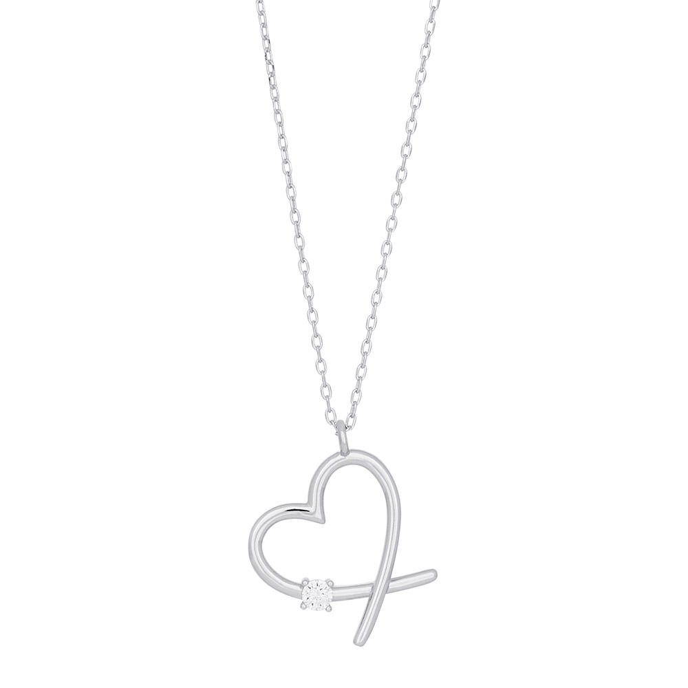 Rhod. sølv vedhæng hjerte med 1 x cz inkl. kæde