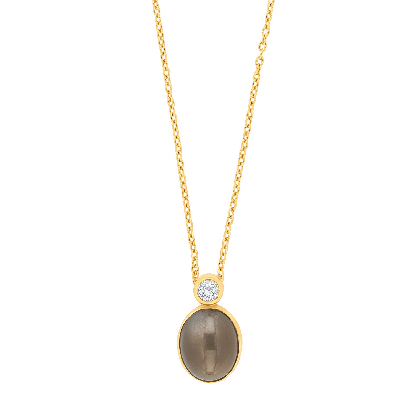 8kt. guldvedhæng m/grå månesten + cz inkl. forg. kæde