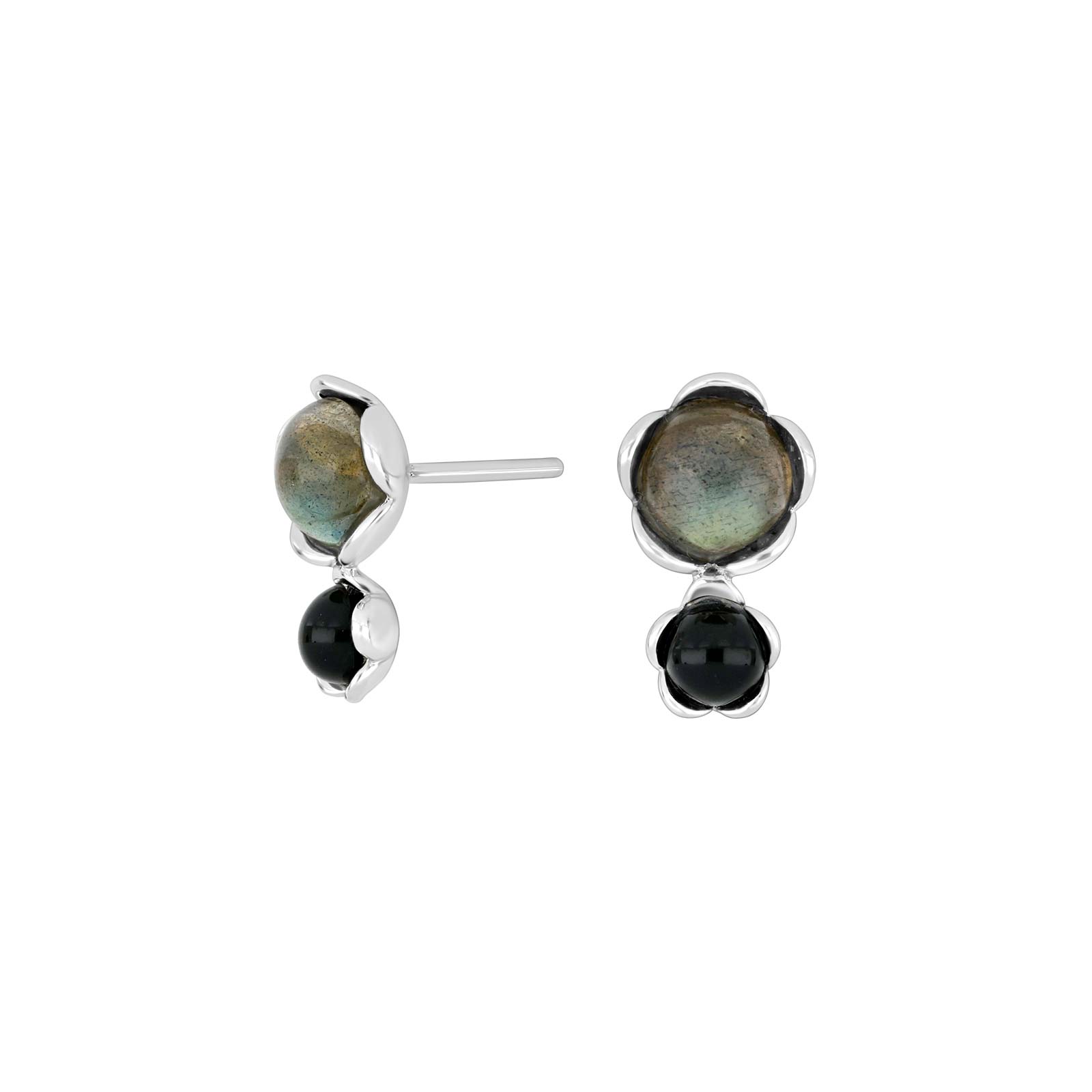 Sølv rhod. ørestik m/labradorit + onyx