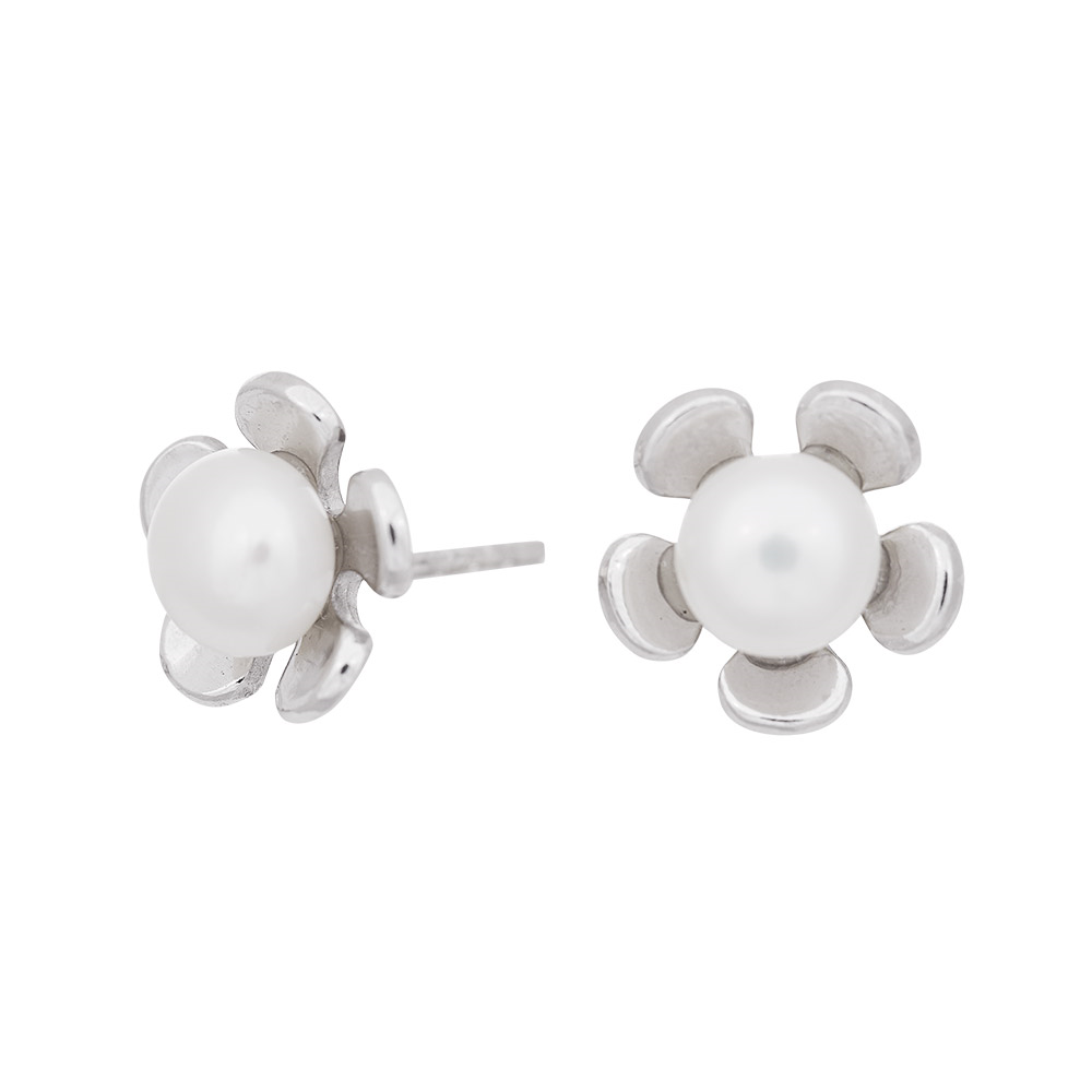 Rhod. sølv ørestikker blomst m/ perle
